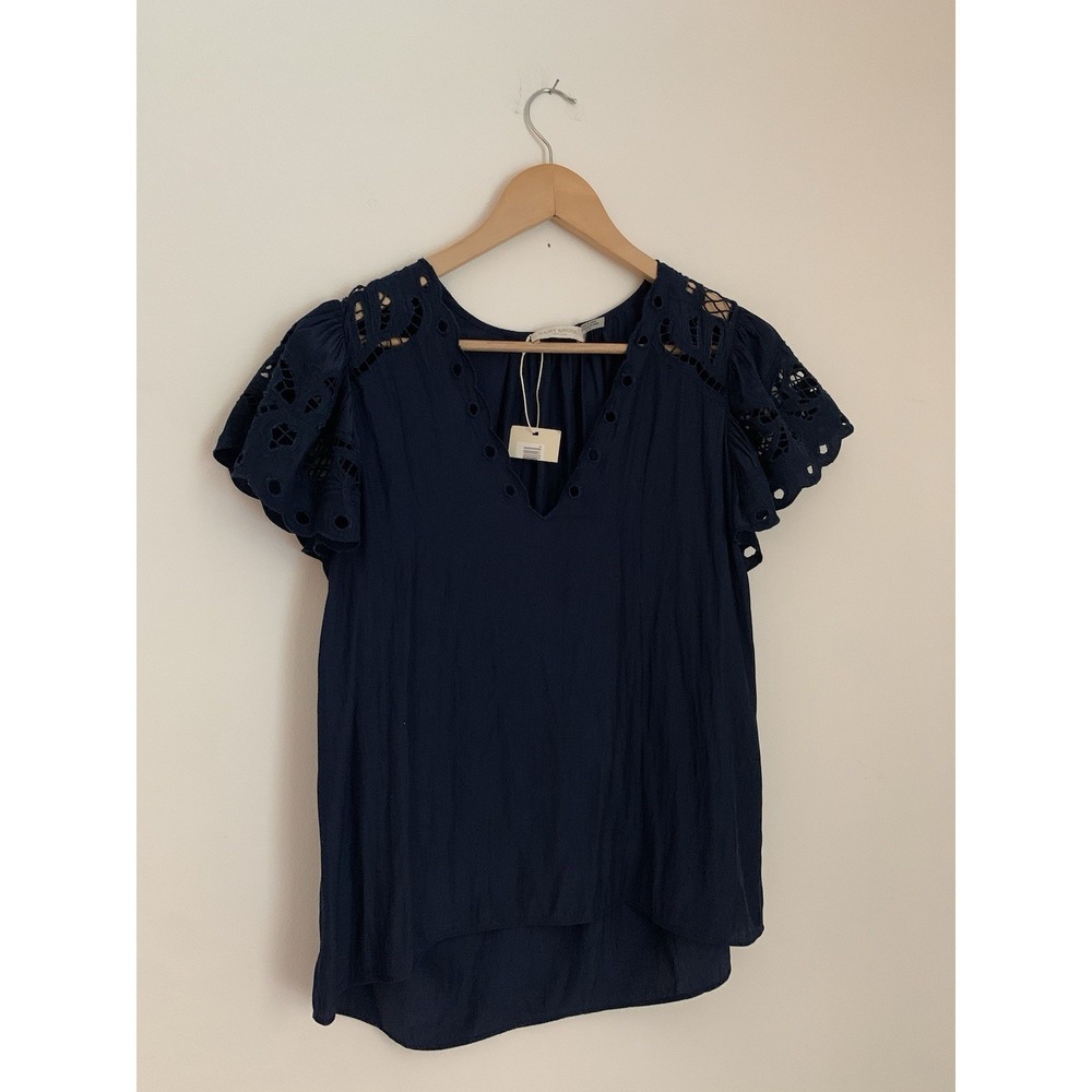 Ramy Brook Eyelet VNeck Blouse Sz XS Navy Short Flutter Sleeve $345 Going Out